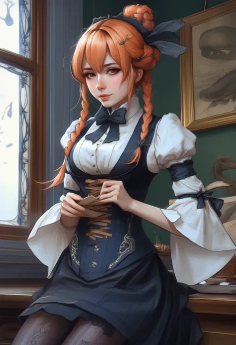 potrait d&#39;une jolie fille anime dans une tenue victorienne, ((Taille serrée)), très maigre, art de Jean - baptiste monge, Moteur irréel, Greg Rutkowski, Loïsh, rhads, bip, Makoto Shinkai et Lois Van Baarle, Ilya Kouvshinov, rossdessine, Tom Bagshaw, Alphonse Mucha, Illumination globale, environnement détaillé et complexe