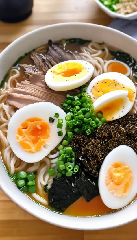 tigela de macarrão ramen fumegante, with a variety of toppings including sliced Carne de porco, ovo cozido, cebolas verdes, e uma folha de nori (algas secas). O caldo parece rico e saboroso, provavelmente feito de uma combinação de frango, Carne de porco, e dashi.