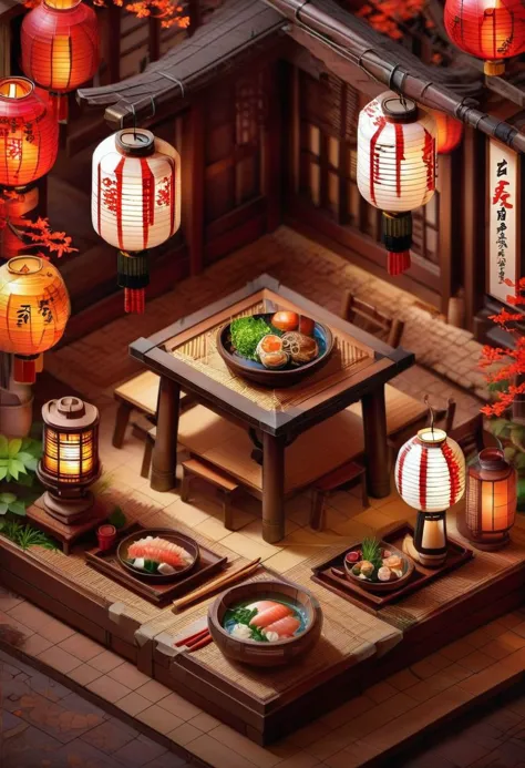 traditional Japanese restaurant, lanterns, isometric, zavy-ctsmtrc, art,realistic,hyperrealistic,
city background,