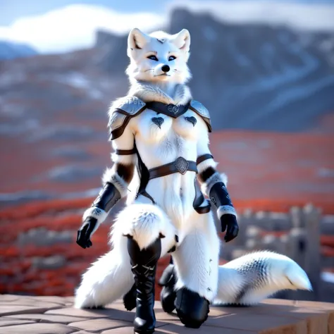 (A female furry girl Arctic fox wearing leather armor), furry, mountain castle  background, acting brave, zoomedout:-.90, raw, m...