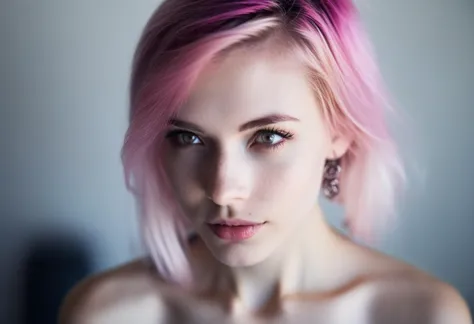 small breasts, a woman with pretty face, pink hair, highly textured skin, ring-light, anti-aliasing, color-graded, potrait, sony...