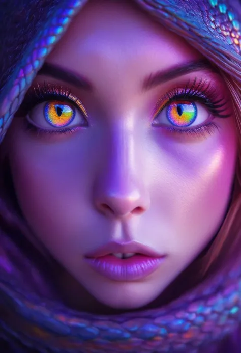 cute girl with large iridescent bright colorful dragon eyes , intense gaze,