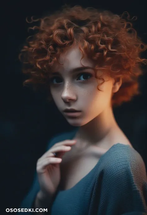 uma garota superfofa com cabelo ruivo curto e encaracolado natural, Olhando para o visualizador, foto no estilo de Alessio Albi, composição cinematográfica, iluminação cinematográfica, tema escuro