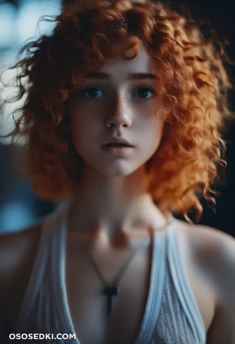 a 18 year Old supercute girl with natural red short curly hair, looking at viewer, photo in the style of Alessio Albi, cinematic...