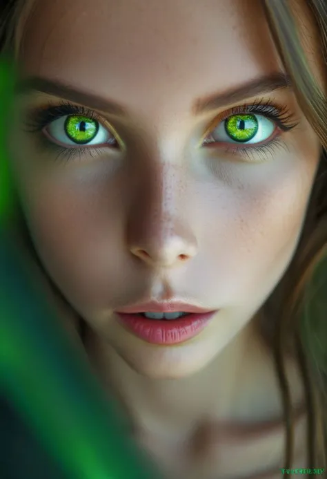cute slender girl with fire sparkling green snake eyes , intense gaze,