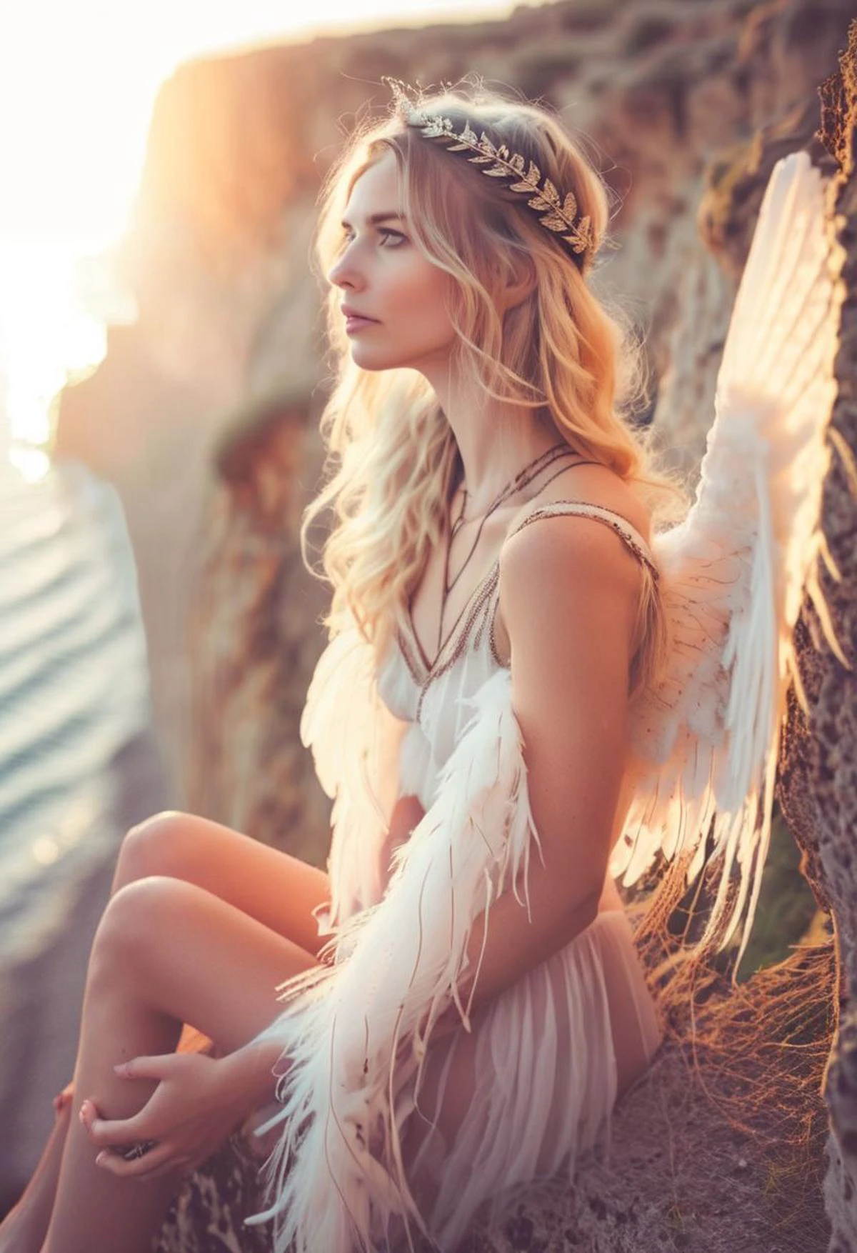 raw photo, portrait, angel girl, Elsa,, blonde, 25yo, thoughtful, sunset lights, sitting on the edge of a cliff, breathtaking raw photo shot, angelcore, realistic photo grain, portrait, feathered detailed wings