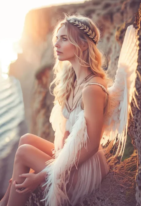 raw photo, portrait, angel girl, Elsa,, blonde, 25yo, thoughtful, sunset lights, sitting on the edge of a cliff, breathtaking ra...