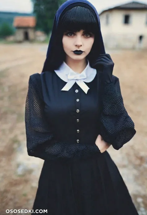 Cute 18-year-old goth girl in the 80s , only goth in the village, photo in the style of Alessio Albi, cinematic composition, cin...