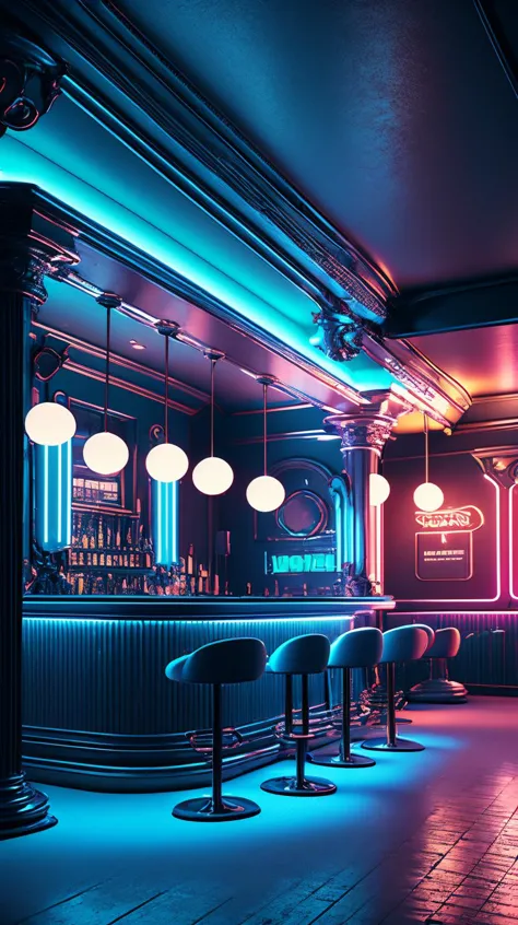 a dimly lit bar with stools and neon lights