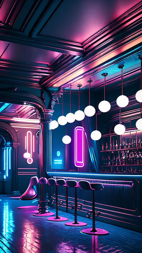 a close up of a bar with neon lights and stools