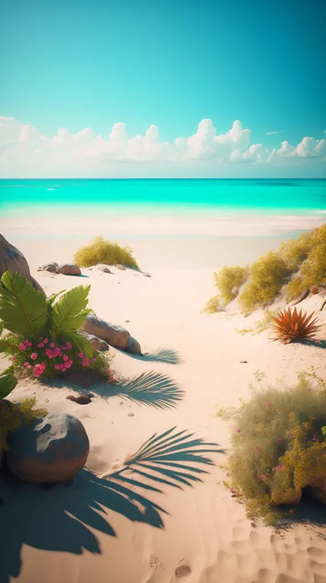 a view of a beach with a few plants and rocks