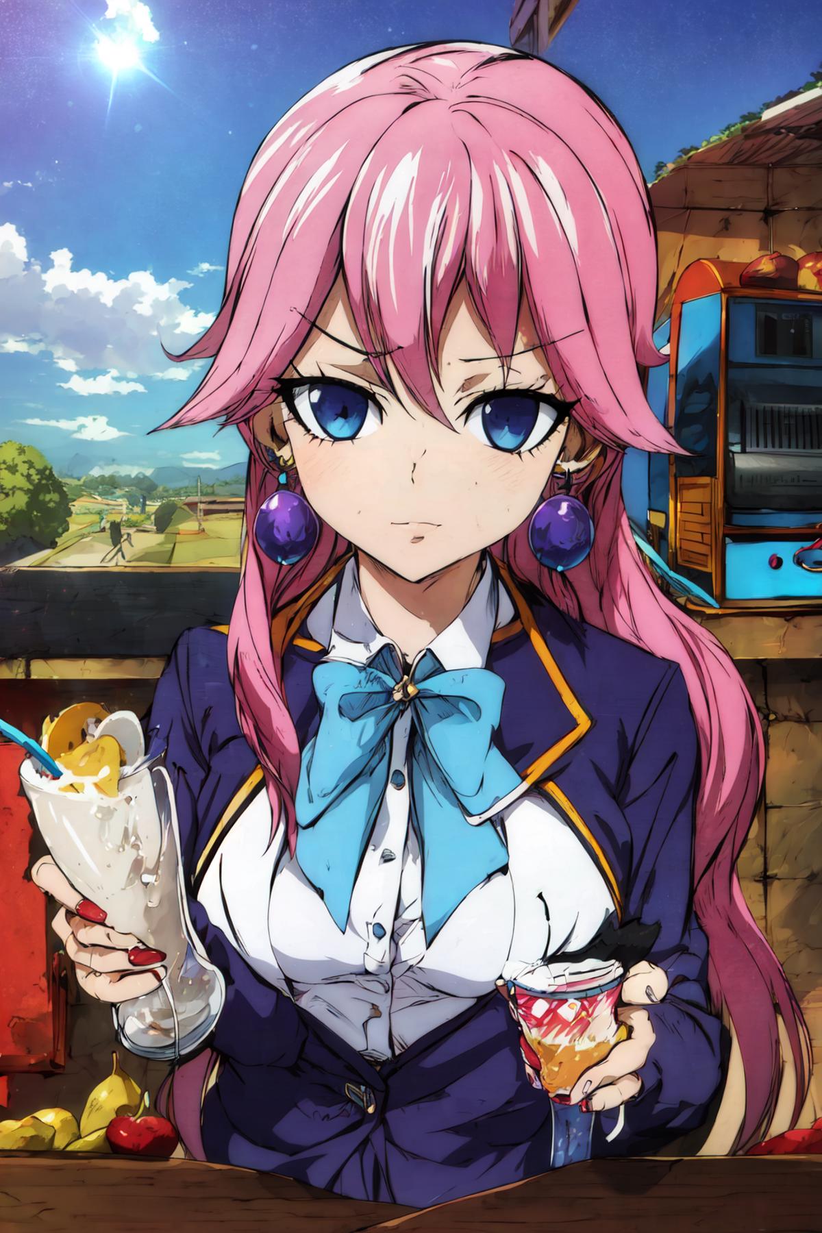 A woman with pink hair and blue eyes holding a drink - SeaArt AI