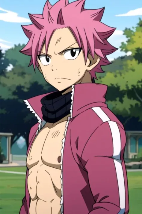 Meisterwerk, beste Qualität, , 1 Junge, Allein, männlicher Fokus, Betrachter betrachten, Oberkörper, , , realistisch, ,, Natsu_dragneel, pinkes Haar, Trainingsjacke, , Antikes Griechenland, , Fee_Schwanz_Stil