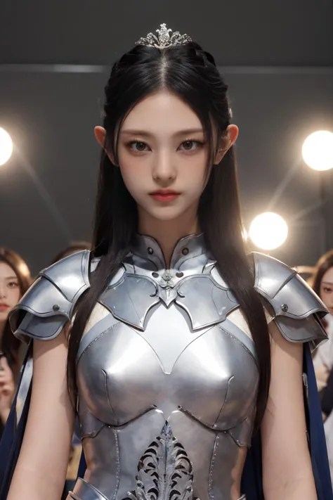 a woman in a silver armor suit standing in front of a crowd