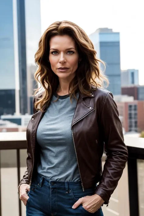 <lora:mondongo_LoRA_JessalynGilsig:0.9> mndngwmn, (ultra realistic, 8k,high quality), wearing a leather jacket, on a city downto...