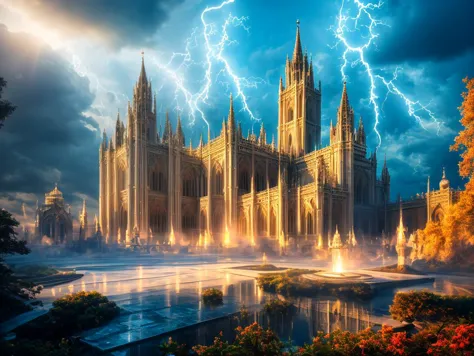 a large cathedral with a fountain in front of it and lightning coming out of the sky