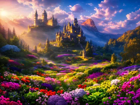 a beautiful castle in the middle of a field of flowers