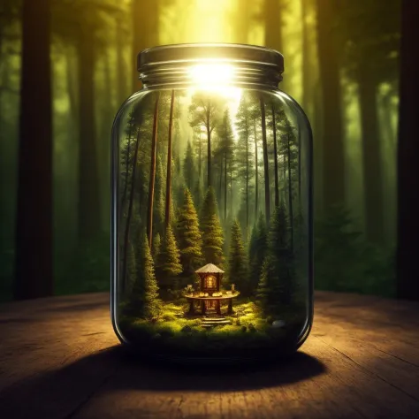 (An intricate forest minitown landscape trapped in a bottle),  atmospheric oliva lighting, on the table, 4k UHD, dark vibes, hyper  detailed, vibrant colours forest background, epic composition, octane  render, sharp focus, high resolution isometric, best ...