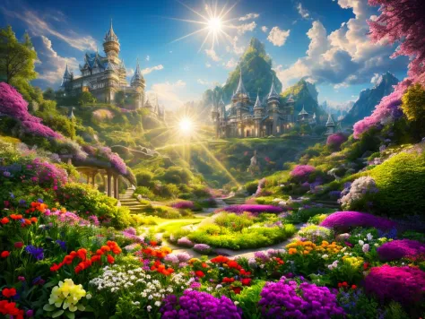 Fantasy, (palace)+, light palace in green meadow among the hills, flowers, (lush vegetable)+++, white openwork patterns, white tracery, sparks, light particles, RAW photo, absurdres, looking at viewer, beautiful, vivid colors, unreal engine, octane render,...