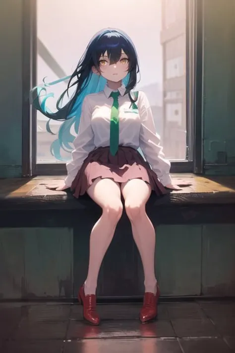 a cute girl, white shirt with green tie, red shoes, blue hair, yellow eyes, pink skirt