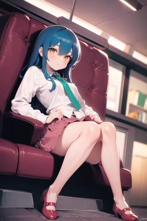 a cute girl, white shirt with green tie, red shoes, blue hair, yellow eyes, pink skirt