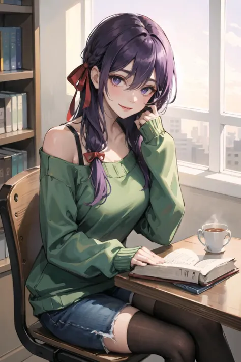 1girl, bangs, breasts, gradient background, green sweater, hair between eyes, hair ribbon, hand up, large breasts, long hair, long sleeves, looking at viewer, off shoulder, purple eyes, purple hair, red ribbon, ribbon, library, book, detailed background, sitting, sleeves past fingers, sleeves past wrists, smile, solo, sweater, matou_sakura,