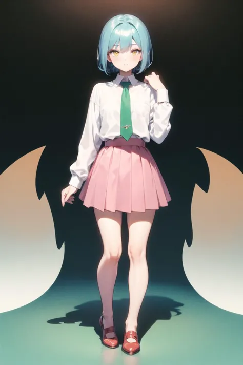 a cute girl, white shirt with green tie, red shoes, blue hair, yellow eyes, pink skirt