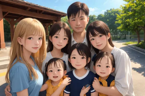 multiple girls, family photo, granpa and gramma and father and mother and children and babies, in front of school gate, detailed clothes, look at viewer, best quality, masterpiece, hires, depth of field, detailed background, diffused natural sunlight, diffused natural skin glow