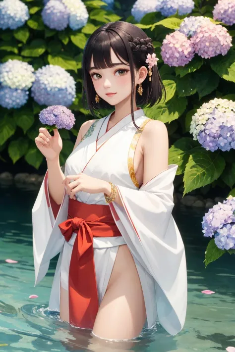 best quality, hires, (nsfw:0.9), 1girl, Kpop idol, pink short hair, intricate earrings, intricate lace hair ornament, small breasts, off shoulder, look at viewer, (standing in the water:1.3), (armpits:0.4), armlet, bangle, anklet, blunt bangs, parted bangs, (hanfu:1.4), eyelashes, depth of field, lens flare, chromatic aberration, caustics, (water splash:1.1), branch in hand, (hydrangea on liquid:1.3), (scattered luminous petals:1.3)