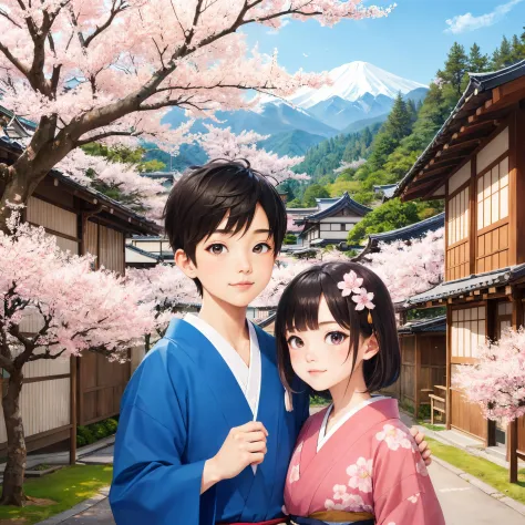 ((1boy, 1girl)), Japanese, colorful, illustration, detailed background, outdoor, old Japanese village, cherry blossoms, perspect...