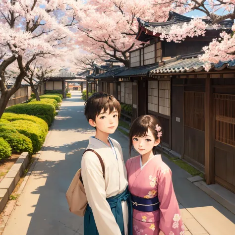 ((1boy, 1girl)), Japanese, colorful, illustration, detailed background, outdoor, old Japanese village, cherry blossoms, perspect...