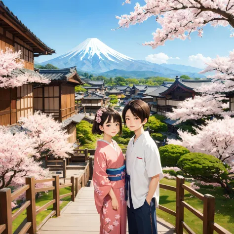 ((1girl, 1boy)), Japanese, colorful, illustration, detailed background, outdoor, old Japanese village, cherry blossoms