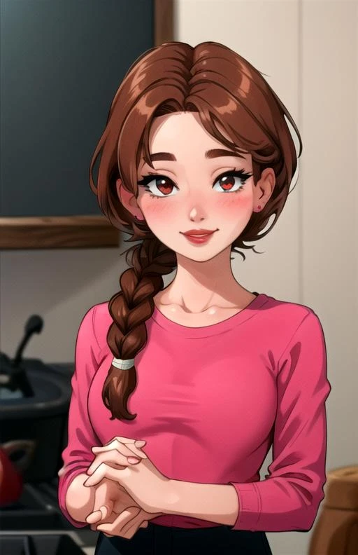 best quality, (masterpiece),(ultra-detailed), (high quality), (high resolution),   1girl, bangs, blush, braid, brown hair, bubble, earrings, expressions, hair over shoulder, jewelry, jodi, long hair, looking at viewer, male focus, brown hair, own hands together, red lips, simple background, single braid, smile, solo, stove, teeth, upper body, pink shirt, pants