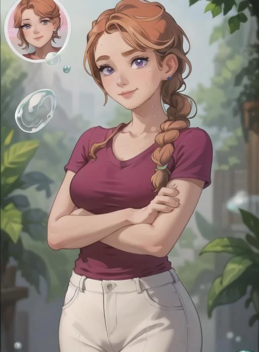 best quality, (masterpiece),(ultra-detailed), (high quality), (high resolution),    1girl, artist name, braid, braided ponytail, brown hair, bubble, closed mouth, crossed arms, earrings, gradient, hair over shoulder, holding, jewelry, jodi, lips, long hair, orange hair, pink shirt, purple eyes, shirt, shoes, short sleeves, single braid, smile, solo, stud earrings, sweat, upper teeth only