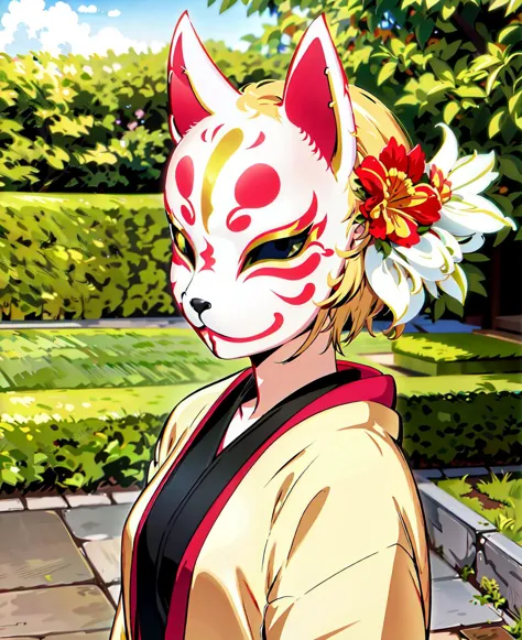 kitsunemask  close up, a person wearing a golden kitsunemask on face,  in a jacket, in a garden with beautiful flowers <lora:kit...
