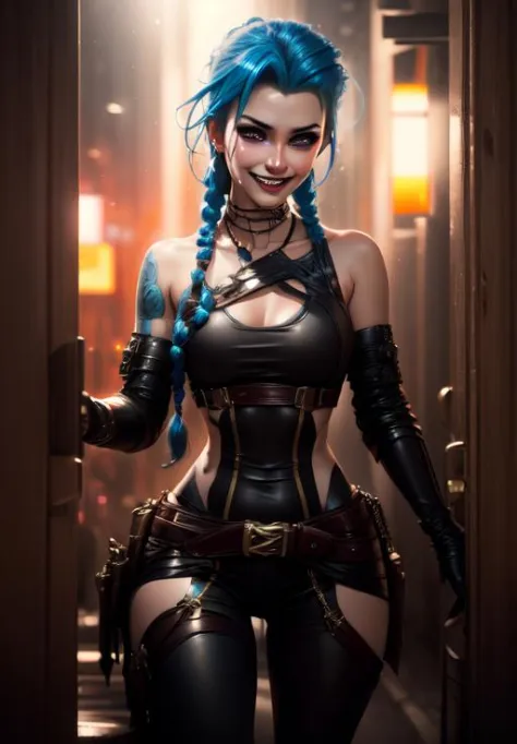 <lora:jinx:0.8>, jinx, grin, portrait,, (acclaimed, alluring, captivating, exciting, gorgeous, striking:1.3), charming, (trending on CGSociety, trending on pixiv, contest winner:1.3)