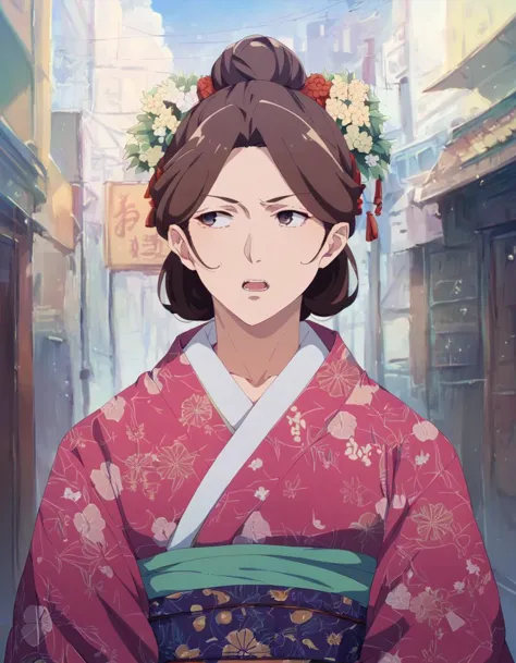 a woman in a kimono outfit standing in a narrow alley