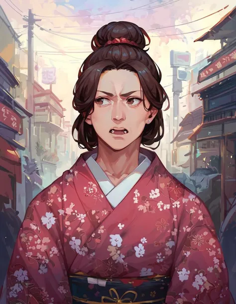 score_9, score_8_up, score_7_up, best quality, masterpiece, 
anime, old woman, solo, nasolabial folds, brown hair, bun, serious, open mouth, kimono, 
looking away, tokyo street, upper body, (facing viewer) 
<lora:anipony_XL:0>