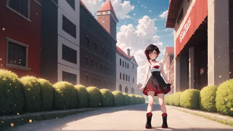 anime girl walking down a street in a city with buildings