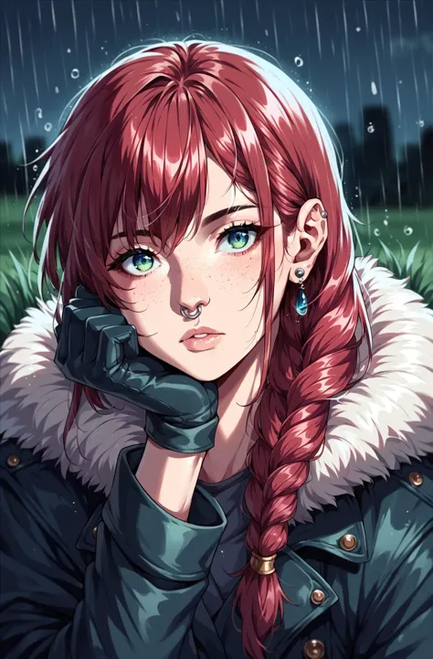 a girl with red hair and blue eyes is sitting in the rain