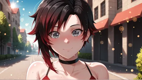 anime girl with red hair and black top in a city street