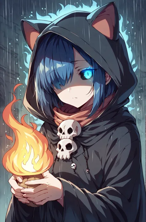 score_9,score_8_up,score_7_up,score_6_up,score_5_up,score_4_up 1girl,solo,looking at viewer,short hair,bangs,blue eyes,long sleeves,holding,animal ears,closed mouth,blue hair,upper body,cat ears,hood,scarf,hair over one eye,fake animal ears,glowing,fire,shaded face,glowing eyes,cloak,hood up,rain,skull,animal hood,black sclera,glowing eye,hooded cloak,blue fire,cat hood,flaming eye <lora:anipony_XL:0.8>,anime