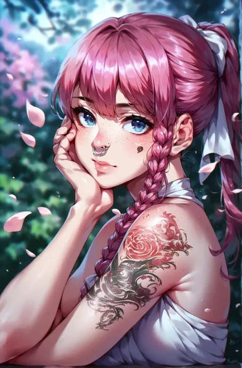 anime girl with pink hair and tattoos looking at the camera