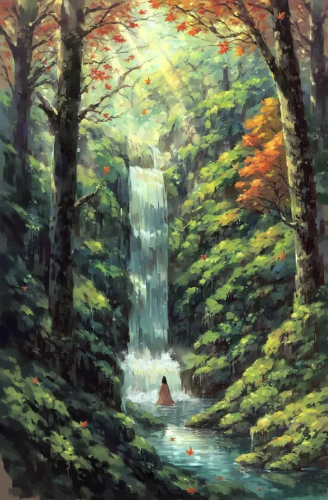 score_9,score_8_up,score_7_up,score_6_up,score_5_up,score_4_up 1girl,solo,long hair,black hair,dress,very long hair,standing,outdoors,signature,water,from behind,cape,tree,leaf,sunlight,nature,scenery,cloak,forest,robe,light rays,branch,facing away,autumn leaves,autumn,waterfall,lake <lora:anipony_XL:0.8>,anime