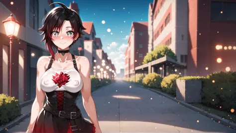 anime girl in a corset dress holding a red rose