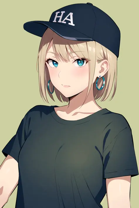 yukiyoshi mamizu,  masterpiece, best quality, 1girl, blush, aqua eyes, baseball cap, blonde hair, closed mouth, earrings, green ...