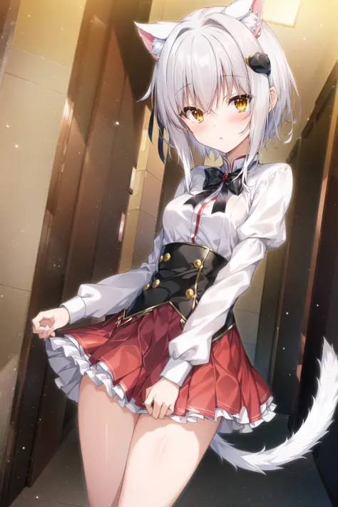 Koneko Toujou (DXD), 1girl, white cat ears, (classic uniform), white cat tail, short hair, school hallway, red skirt, small brea...