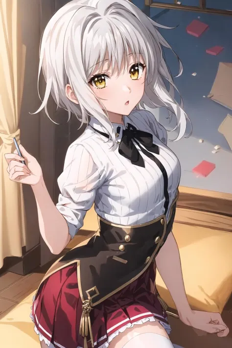 Koneko Toujou (DXD), 1girl, white hair, short hair, konekouniform, , white shirt, skirt, red skirt, black ribbon, black corset, 1girl, clear image:1, (correct anatomy:1.2), (best quality:1.2), best illumination, (best shadow:1.1), highres, (ray tracing:1), reflected light, (high detail clothes:1.3), ((illustration:1.1)), ((masterpiece)), (((best quality))), ((beautiful detailed eyes)), (extremely detailed CG unity 8k wallpaper:1), ((ultra-detailed:1)), colorful, wallpaper, (perfect artwork:1), (beautiful face:1), pure face, Detailed background, (detailed hands, five fingers), beautiful facial features, yellow eyes,