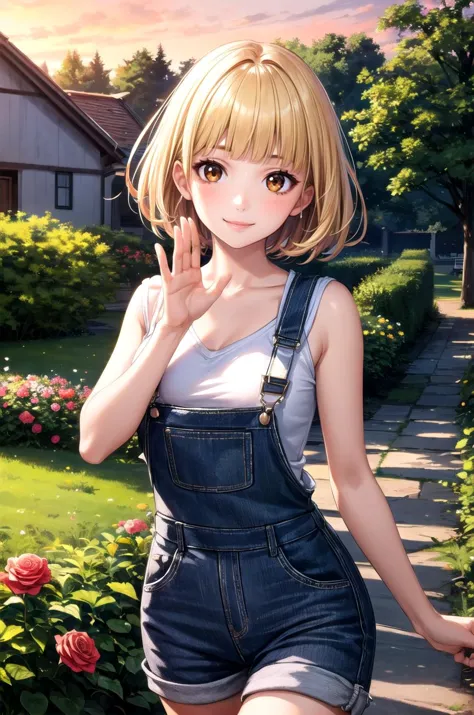 anime girl in overalls posing in front of a house