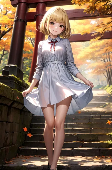 (masterpiece, best quality, detailed), 1girl, solo, looking at viewer,
<lora:MidorikawaHanaV8:0.9> midorikawa hana, sundress, white dress, (collared dress), outdoors, stairs, stone stairs, autumn, autumn leaves, (forest), nature, contrapposto, legs apart, hip focus, torii, scenery, smile